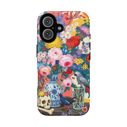 Floral Vanitas Phone Case – Parrot & Porcelain Splendor