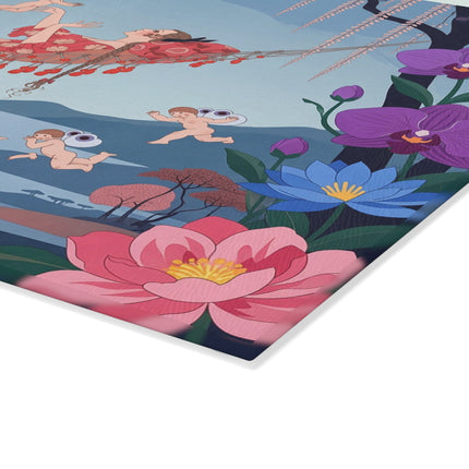 🌸🪽 The Garden Of Little Cupids Glass Cutting Board – Art Deco Floral Fantasy