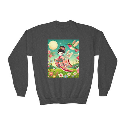 Geisha Fairy and the Hummingbird Blossom Youth Crewneck Sweatshirt – Magic, Grace & Dreamlike Beauty