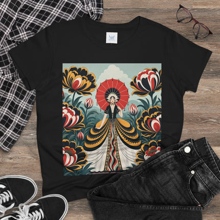 ❤️🌺 The Scarlet Parasol Garden Cotton Tee – Art Deco Floral Elegance