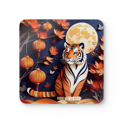 Tiger at an Autumn Moon Viewing Corkwood Coaster Set