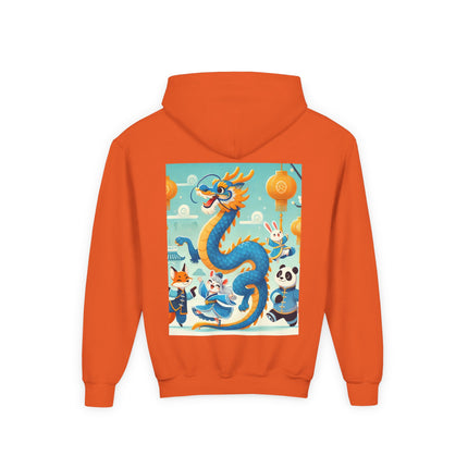 Blue & Gold Dragon Festival Parade Youth Hooded Sweatshirt – Joyful Celebration & Cultural Magic