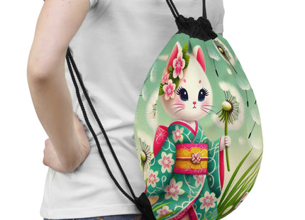 Geisha Kitten and the Dandelion Wish Drawstring Bag