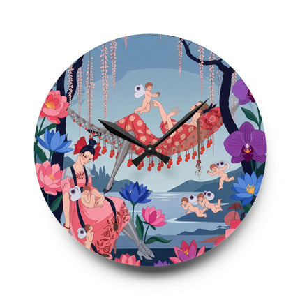 🌸🪽 The Garden Of Little Cupids Acrylic Wall Clock – Art Deco Floral Fantasy