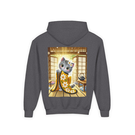 Playful Kitten in the Tea Room Youth Hooded Sweatshirt – Curiosity, Charm & Cozy Comfort