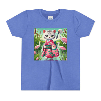 Geisha Kitten Strolls Among the Spoonbills Youth Short Sleeve Tee