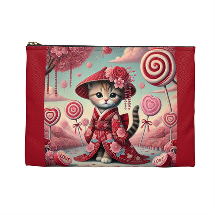 Whimsical Geisha Kitten in a Valentine Garden Accessory Pouch