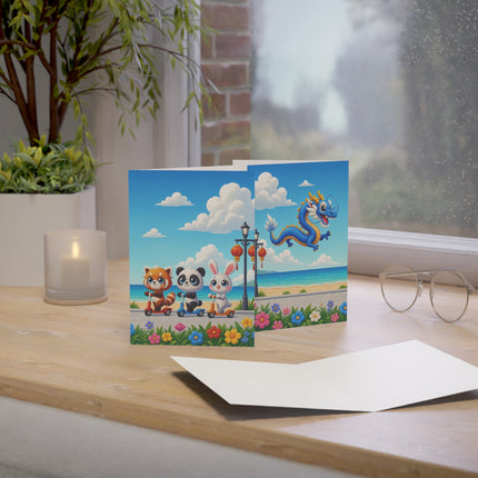 🐉🛴 The Dragon Day At The Seaside Greeting Card – Whimsical Animal Adventure