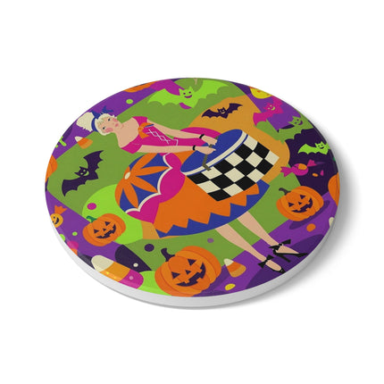 🍬🎃 The Lady Of Candy Corn Hollow Ceramic Coaster – Colorful Halloween Charm