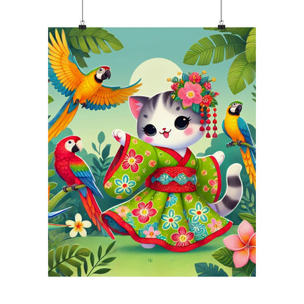 🦜🐱 Parrot Dance of the Geisha Kitten Matte Vertical Poster – Tropical Whimsy & Colorful Charm