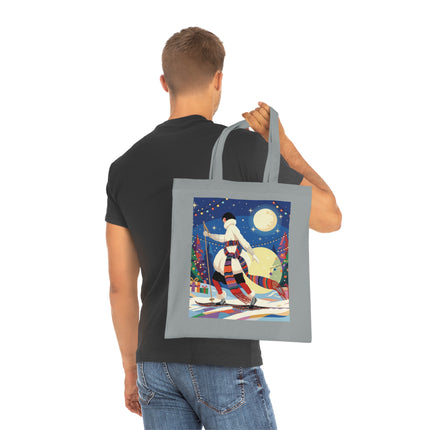 🎿🌙 The Moonlit Christmas Skier Cotton Tote Bag – Art Deco Holiday Adventure
