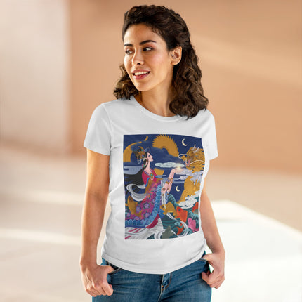 Dragon Pearl Offering Women's Midweight Cotton Tee – Mystical Fantasy & Golden Grace
