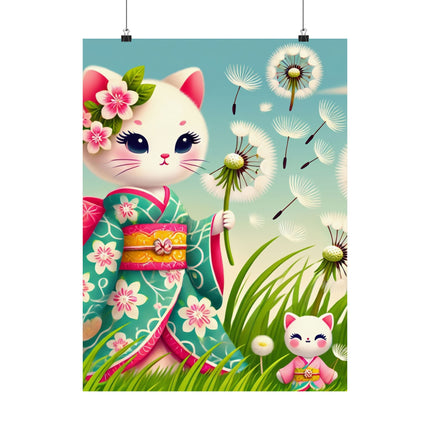 🌾🌼 Geisha Kitten and the Dandelion Wish Matte Vertical Poster – Gentle Wishes & Quiet Wonder