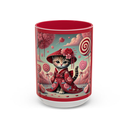 Whimsical Geisha Kitten in a Valentine Garden Colorful Mugs (11oz, 15oz)