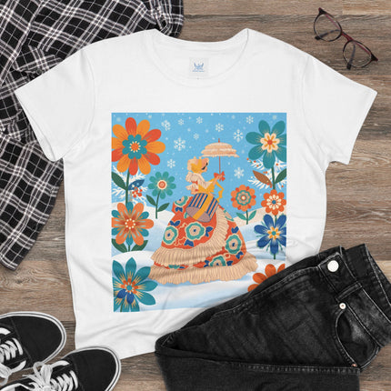 🌼❄️ The Winter Parasol Lady Cotton Tee – Art Deco Floral Fantasy