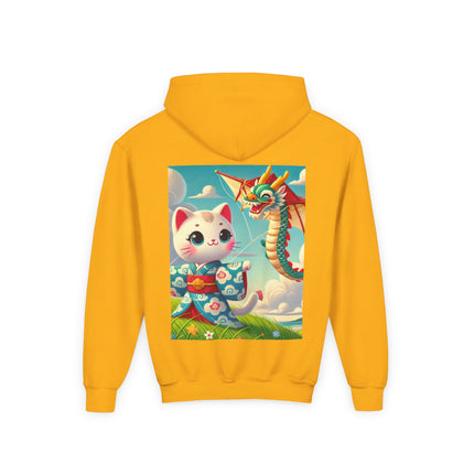 Geisha Kitten and the Dragon Kite Youth Hooded Sweatshirt – Bold Energy & Sky-High Adventure