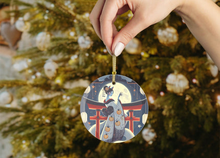 Kitsune Woman on Torii Gate Glass Ornament