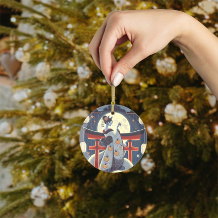 Kitsune Woman on Torii Gate Glass Ornament