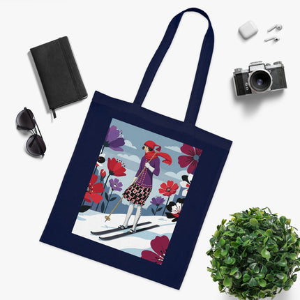 🎿🌺 The Winter Flower Skier Cotton Tote Bag – Art Deco Winter Fantasy
