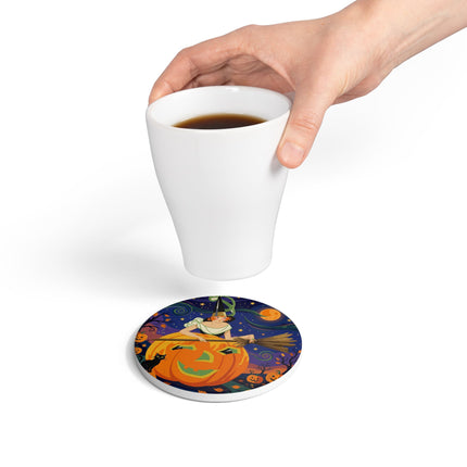 🧙‍♀️🎃 The Witch Of Pumpkin Moon Hollow Ceramic Coaster – Whimsical Halloween Magic