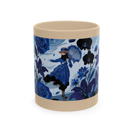 ☔💙 The Lady In The Blue Rain Garden Ceramic Mug – Art Deco Floral Elegance