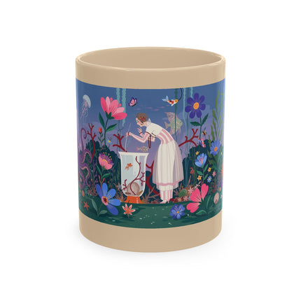 🐠🌸 The Lady Of The Underwater Flower Garden Ceramic Mug – Art Deco Aquatic Whimsy