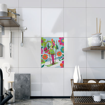 🎿🌸 The Winter Flower Adventurer Ceramic Tile – Colorful Alpine Fantasy