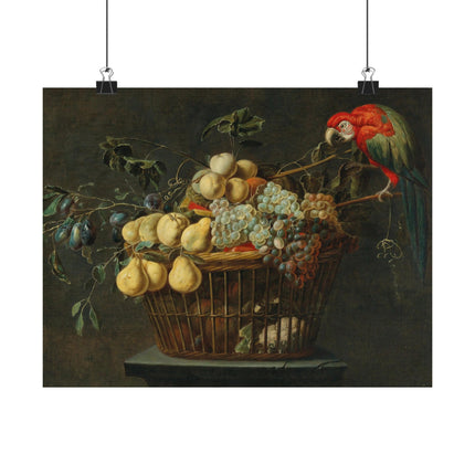 Still Life of a Basket of Fruit with a Parrot by Adriaen van Utrecht Matte Horizontal Posters