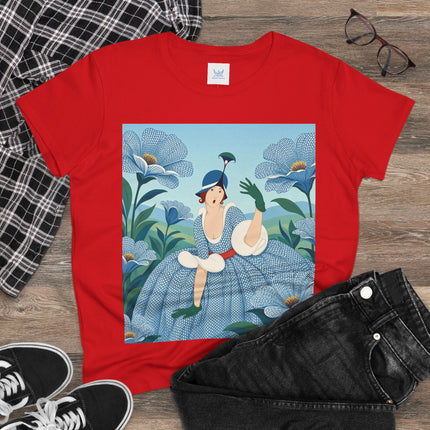 💙🌼 The Blue Blossom Garden Belle Cotton Tee – Art Deco Floral Whimsy