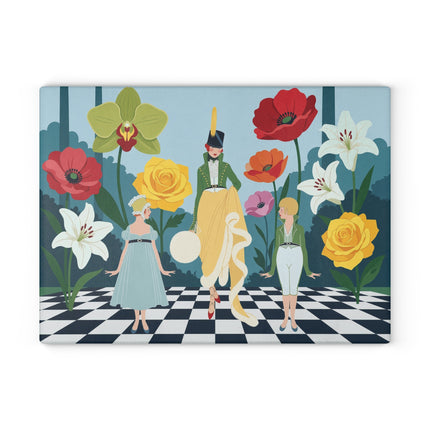 🌺🎩 The Lady And Children Of The Grand Flower Garden Glass Cutting Board – Art Deco Fashion Whimsy