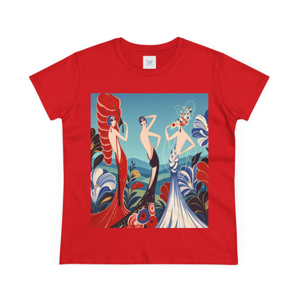 🌹🎭 The Three Ladies Of The Floral Promenade Cotton Tee – Art Deco Fashion Elegance