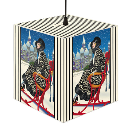 Elegant Winter Woman in Sleigh Light Cube Lamp