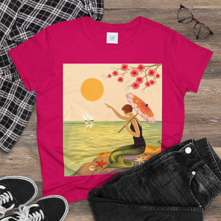 🧜‍♀️🌸 The Mermaid Beneath The Blossoms Cotton Tee – Art Deco Seaside Fantasy