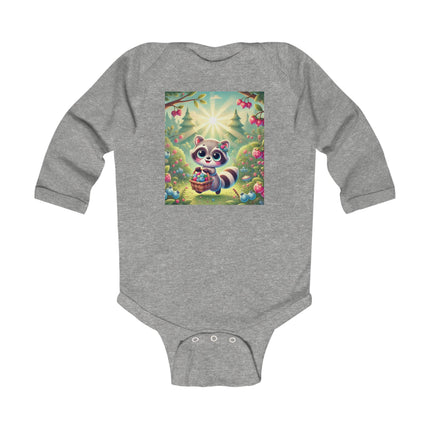 Raccoon’s Berry Basket Baby Long Sleeve Bodysuit – Whimsical Woodland Harvest Design