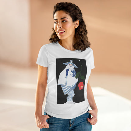 Blue & White Porcelain Geisha Women's Midweight Cotton Tee – Refined Elegance & Timeless Charm