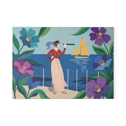 🔭⛵ The Lady Of The Seaside Spyglass Glass Cutting Board – Art Deco Coastal Elegance