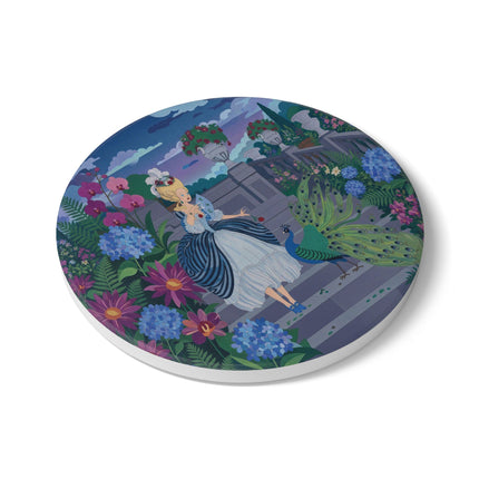🦚🌸 The Peacock Garden Terrace Ceramic Coaster – Art Deco Floral Elegance