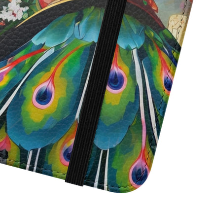 🦚🌸 Techno Plumes Peacock Flip Case – Neon Elegance & Sakura Dreams