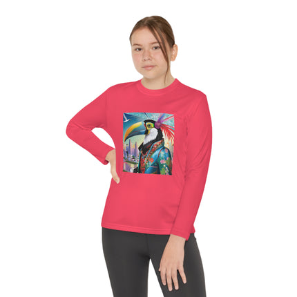 Cyber Toucan Chic Youth Long Sleeve Competitor Tee – Neon Feathers & Futuristic Style