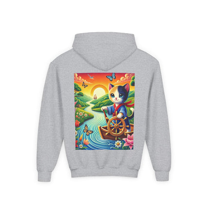 Sailor Kitten’s River Adventure Youth Hooded Sweatshirt – Playful Journey & Colorful Discovery
