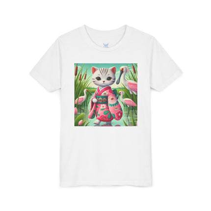 Geisha Kitten Strolls Among the Spoonbills Youth Short Sleeve Tee