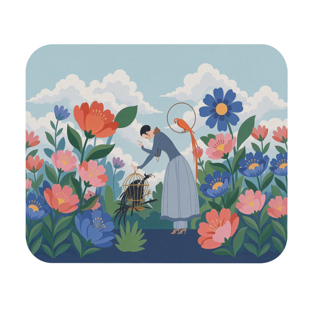 🦜🌸 The Lady And The Curious Birds Mouse Pad – Art Deco Garden Whimsy