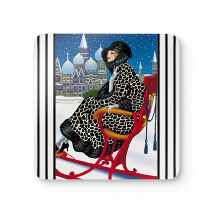 Elegant Winter Woman in Sleigh Corkwood Coaster Set