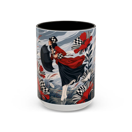 ☔🌹 The Scarlet Checkerboard Rainstorm Colorful Mug – Art Deco Floral Elegance