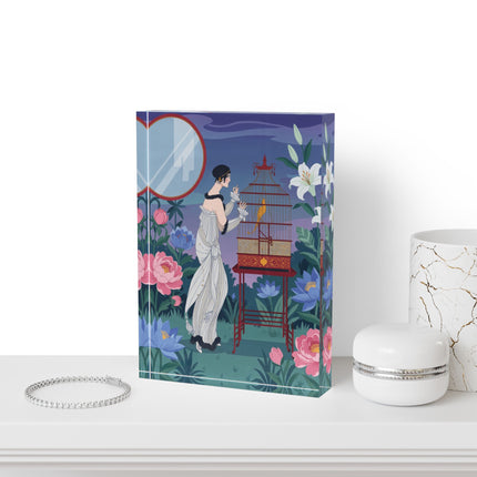 🦜🌸 The Lady Of The Garden Aviary Acrylic Art Block – Art Deco Botanical Elegance