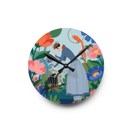 🌺🦜 The Lady Of The Enchanted Aviary Acrylic Wall Clock – Art Deco Floral Garden