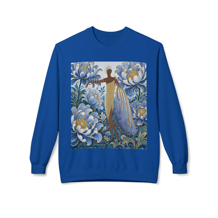 💙✨ The Lady Of The Gilded Blue Blossom Garden Midweight Crewneck Sweatshirt – Art Deco Floral Elegance