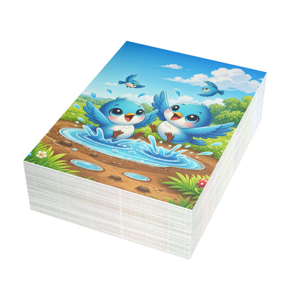 🐦💦 The Little Bluebird Puddle Party Greeting Card – Whimsical Animal Adventure