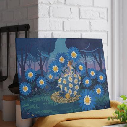 🌼🧶 The Lady Of The Blue Daisy Garden Glass Cutting Board – Art Deco Floral Elegance