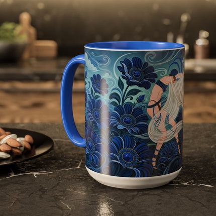 💙🌸 The Sapphire Wind Dancer Colorful Mug – Art Deco Floral Fantasy